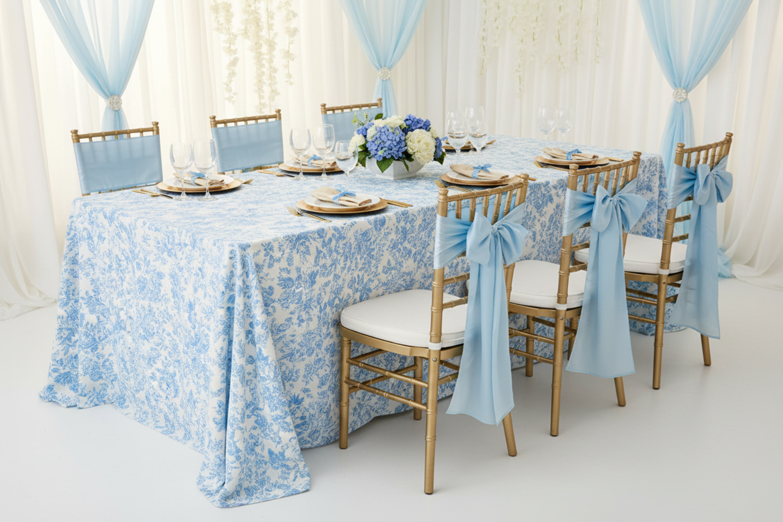 indoor gender reveal with French Toile 90"x156" Rectangular Tablecloth - Baby Blue