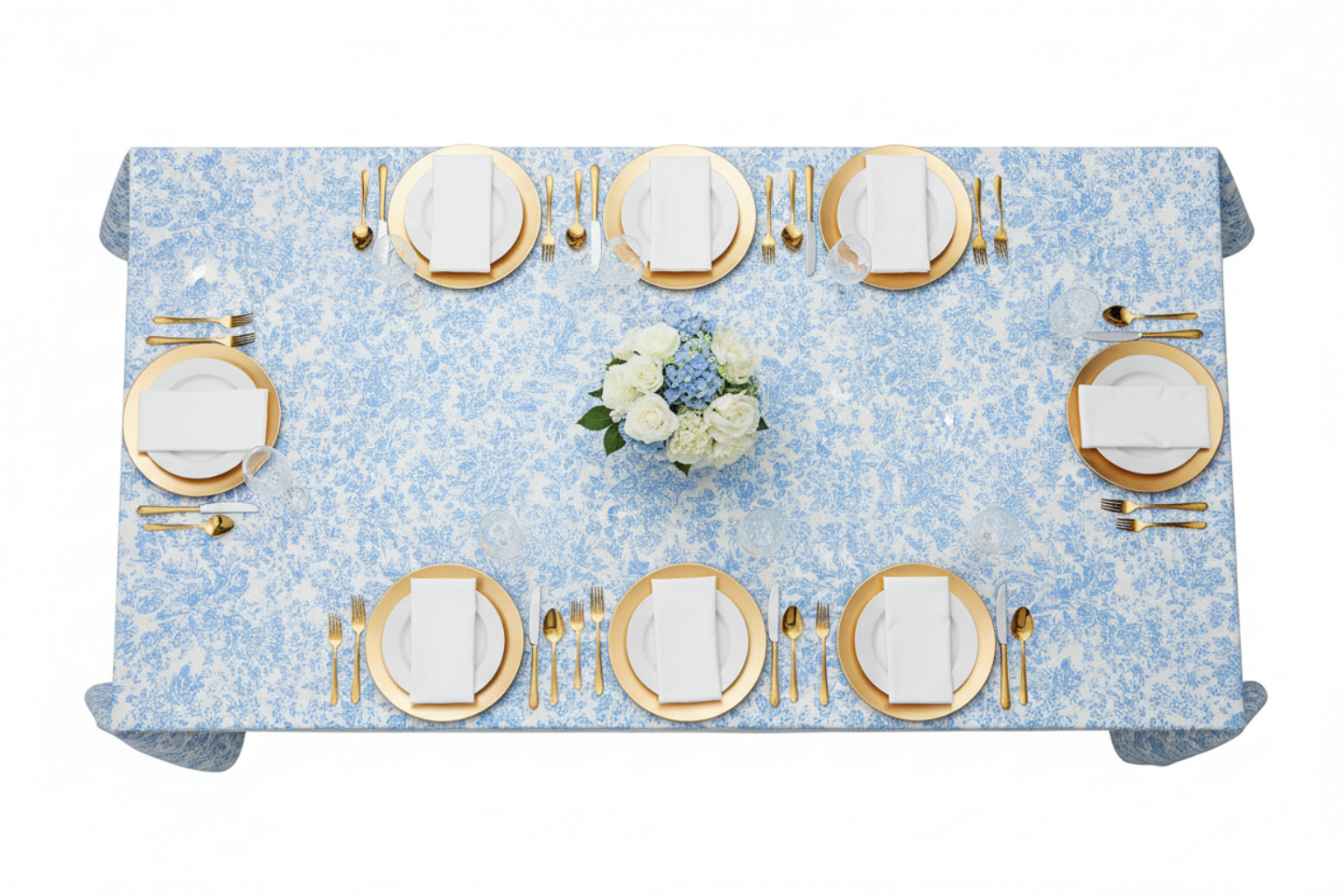 top view of French Toile 90"x156" Rectangular Tablecloth - Baby Blue