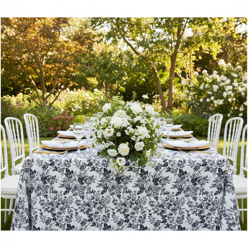 French Toile 90"x156" Rectangular Tablecloth - Black
