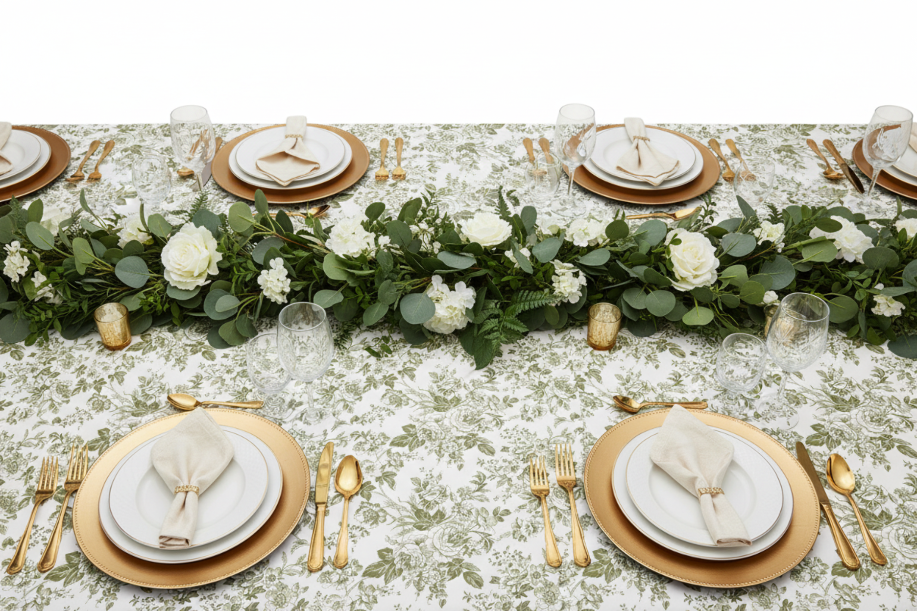 top view of French Toile 90"x156" Rectangular Tablecloth - Olive Green
