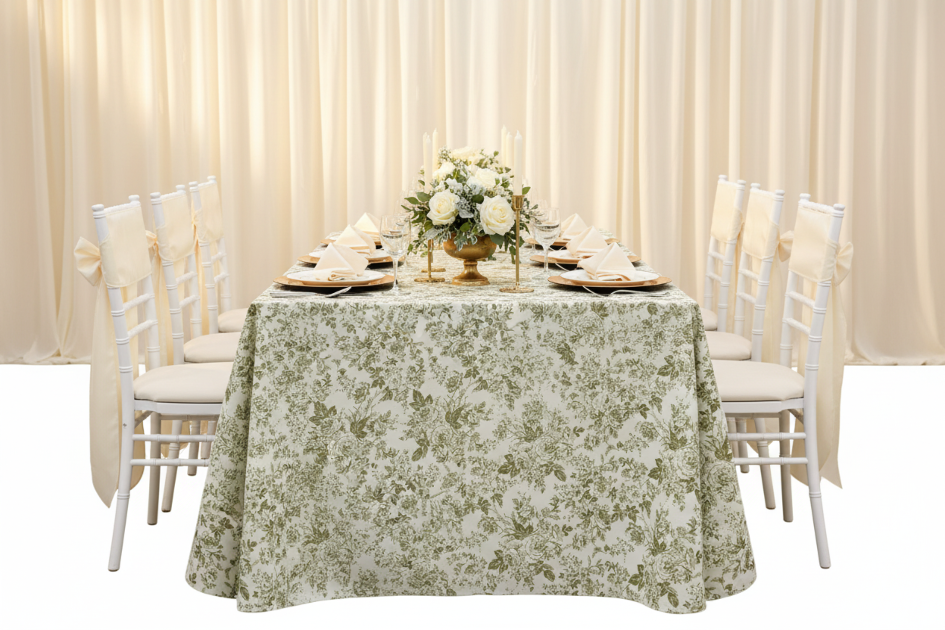 wedding reception with French Toile 90"x156" Rectangular Tablecloth - Olive Green
