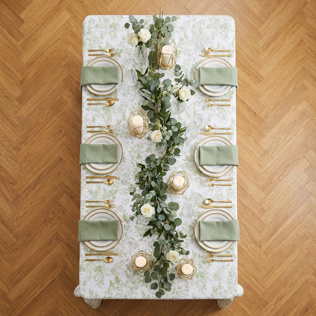 birds eye view of the French Toile 90"x156" Rectangular Tablecloth Sage Green with sage green napkins, rose floral centerpieces and pillar candles