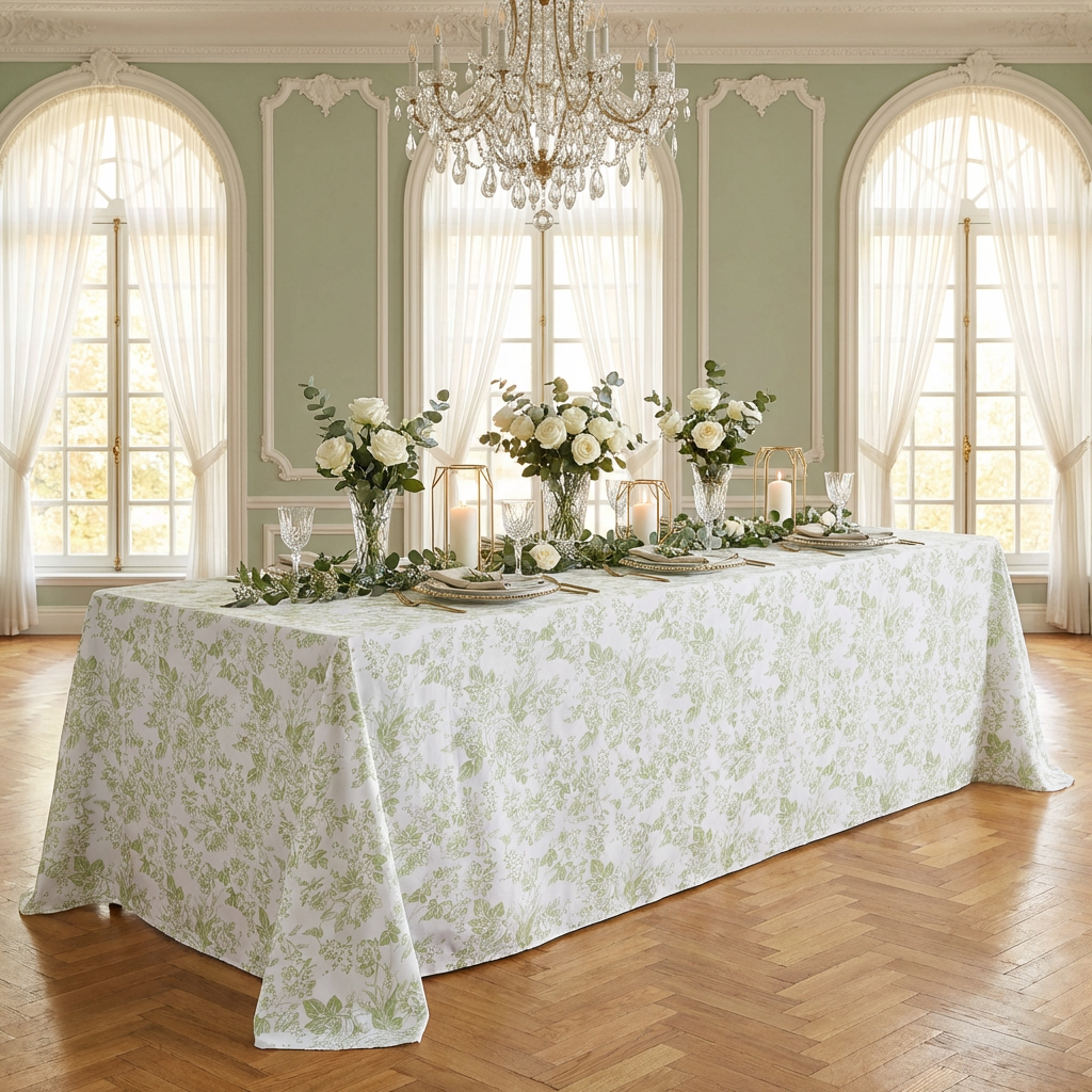 French Toile 90"x156" Rectangular Tablecloth Sage Green with sage green napkins, rose floral centerpieces and wine glasses