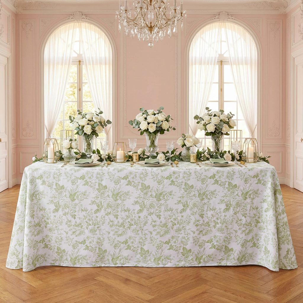 French Toile 90"x156" Rectangular Tablecloth Sage Green with sage green napkins, rose floral centerpieces and pillar candles