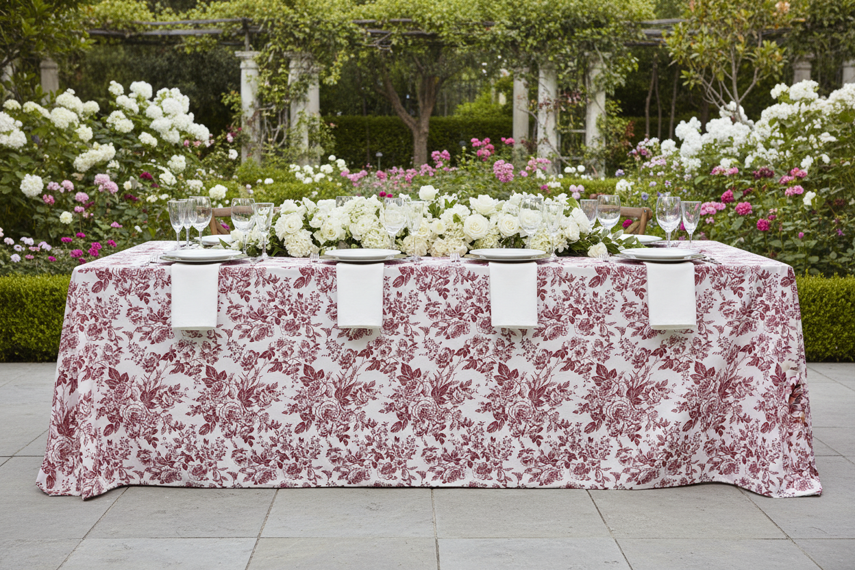 French Toile 90"x156" Rectangular Tablecloth - Burgundy Garden Party