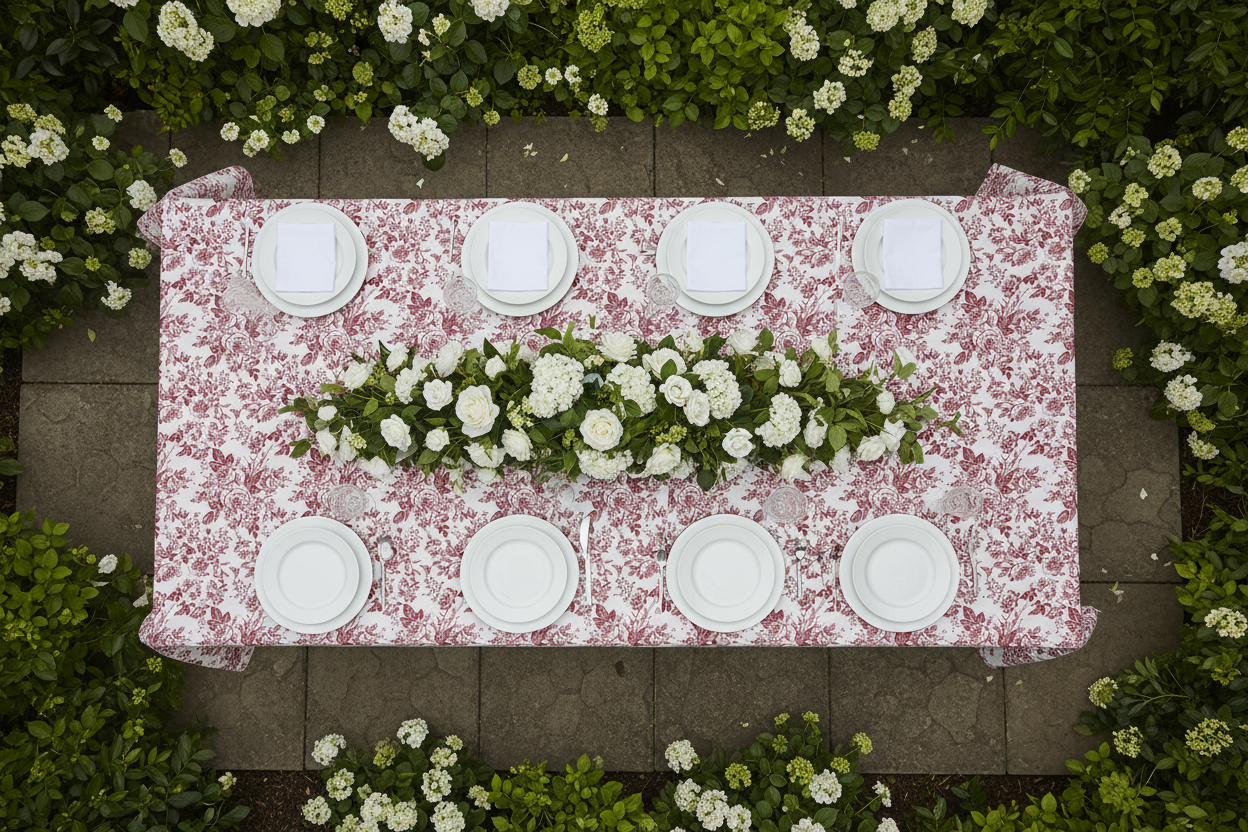 French Toile 90"x156" Rectangular Tablecloth - Burgundy Top View