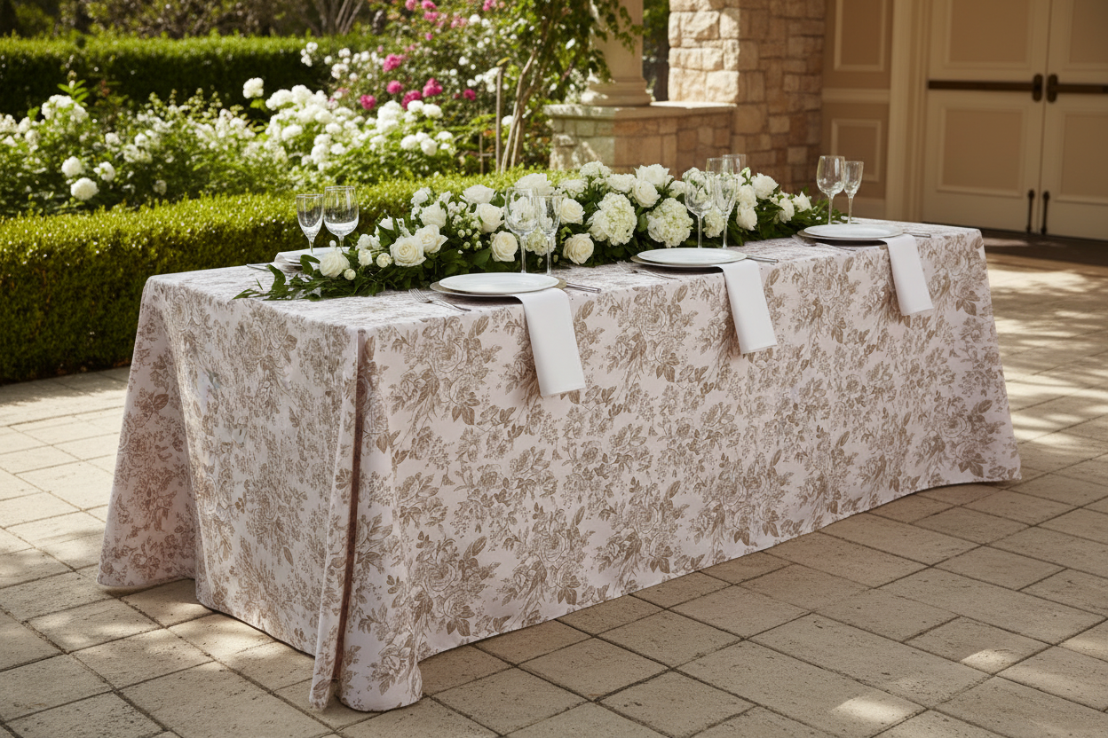 French Toile 90"x156" Rectangular Tablecloth - Taupe Angled View