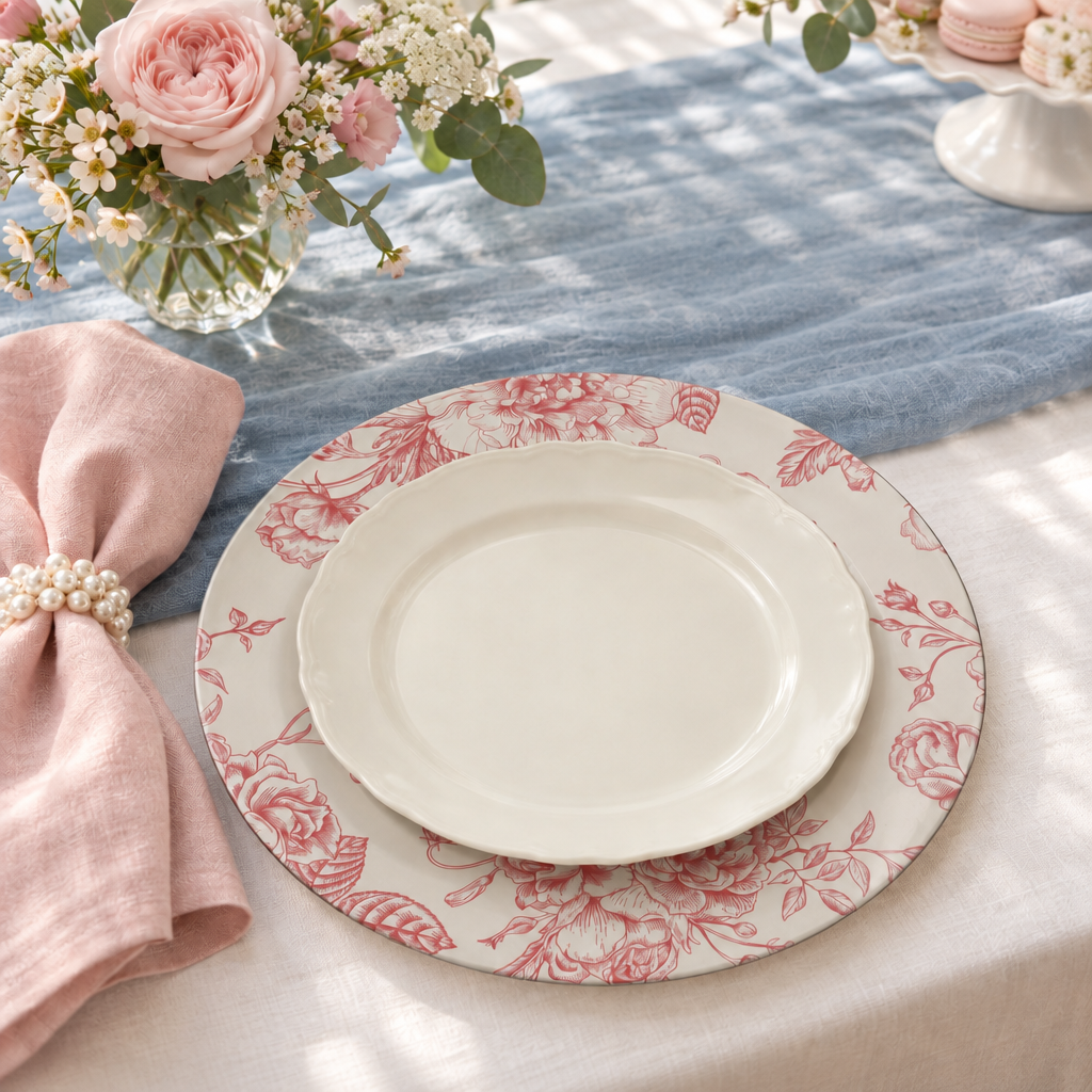 French Toile Acrylic Charger Plate Dark Dusty Rose/Mauve - Bridal in Dusty Rose/Mauve and Dusty Blue colors