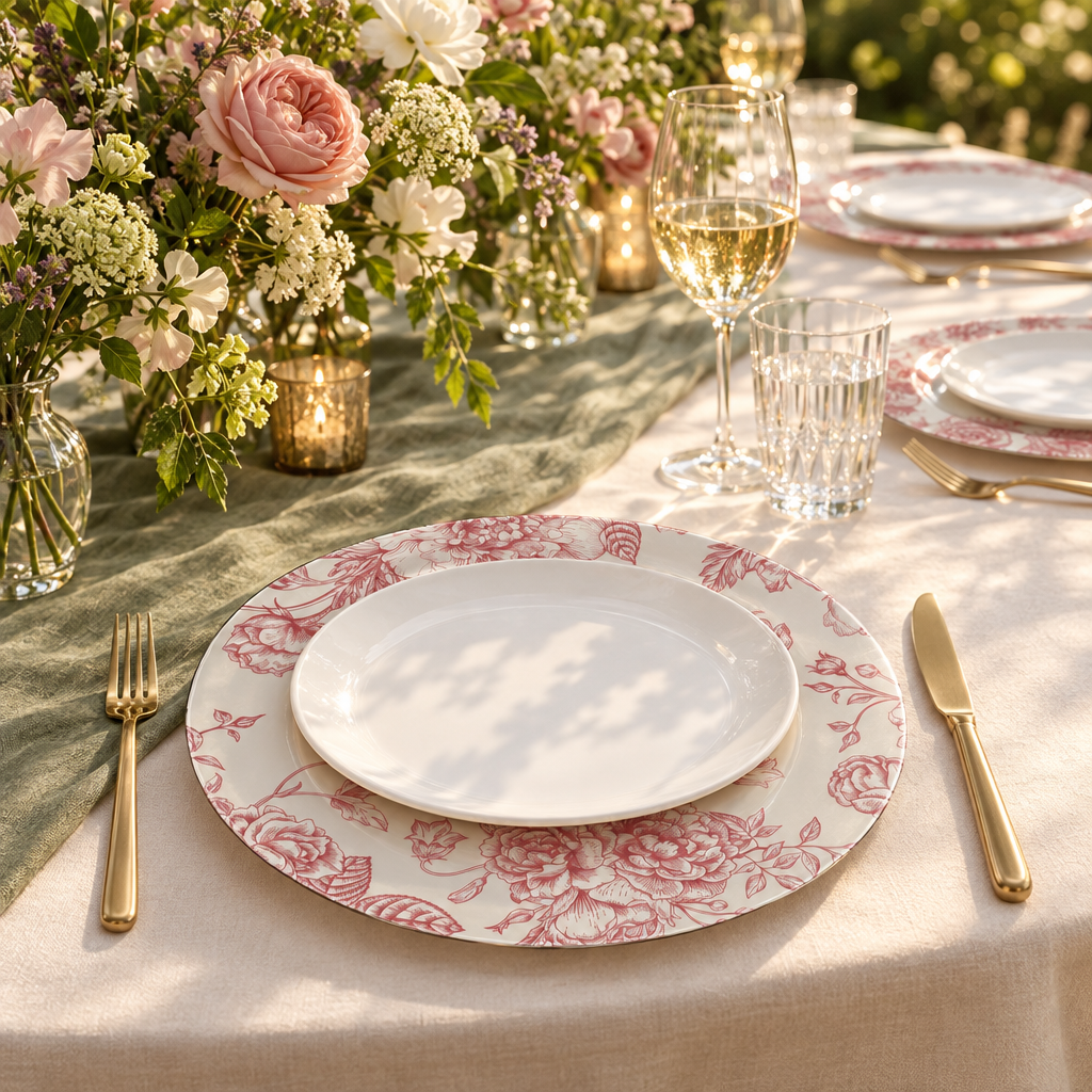 French Toile Acrylic Charger Plate Dark Dusty Rose/Mauve - Garden Party