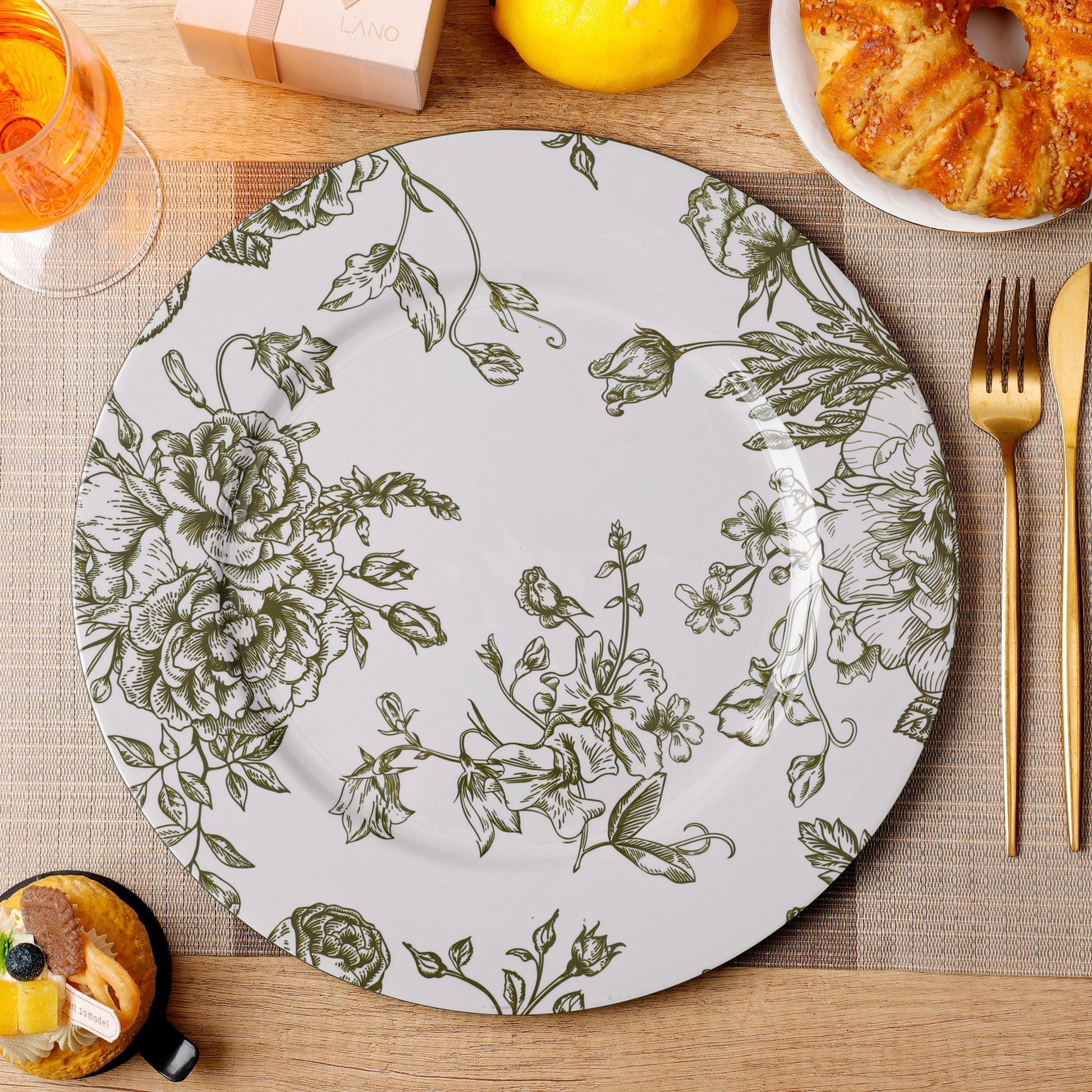 French Toile Acrylic Charger Plate - Olive Green