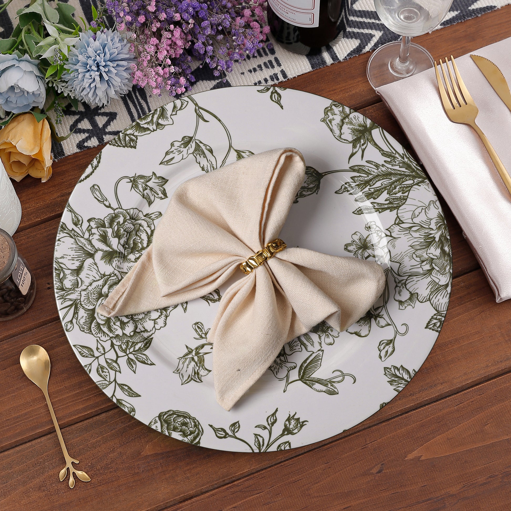 French Toile Acrylic Charger Plate - Olive Green