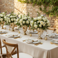 wedding setup with French Toile Acrylic Charger Plate - Olive Green on top of ivory tablecloth