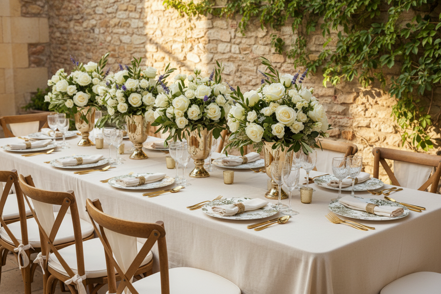 wedding setup with French Toile Acrylic Charger Plate - Olive Green on top of ivory tablecloth