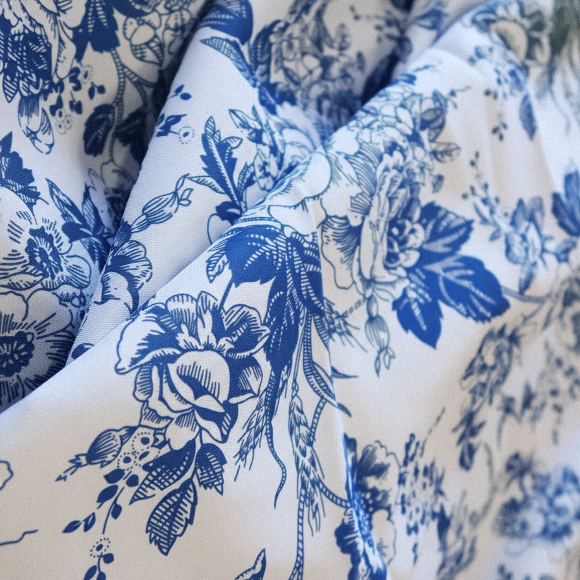 French Toile Blue fabric close up