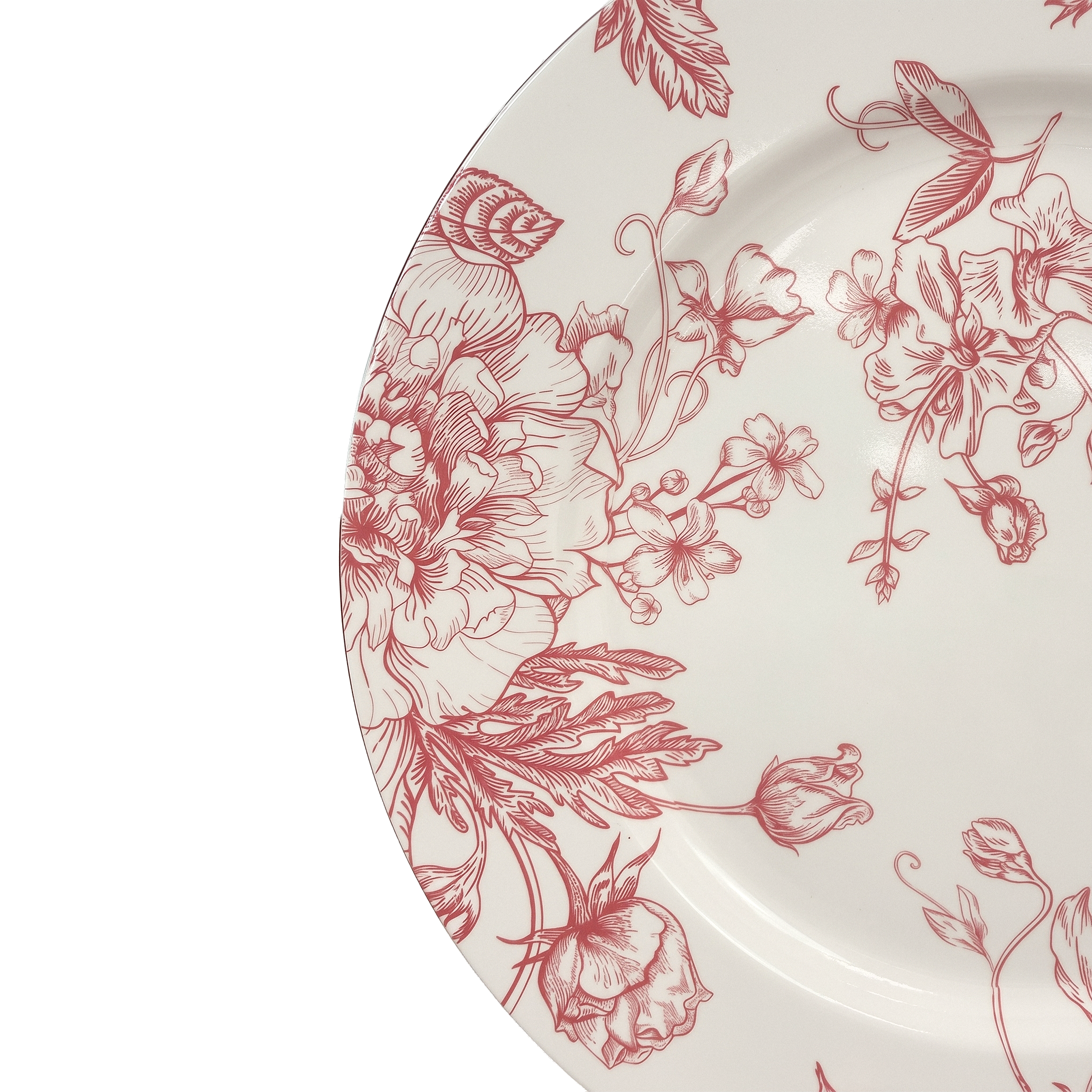 French Toile Acrylic Charger Plate - Dark Dusty Rose/Mauve edge close up