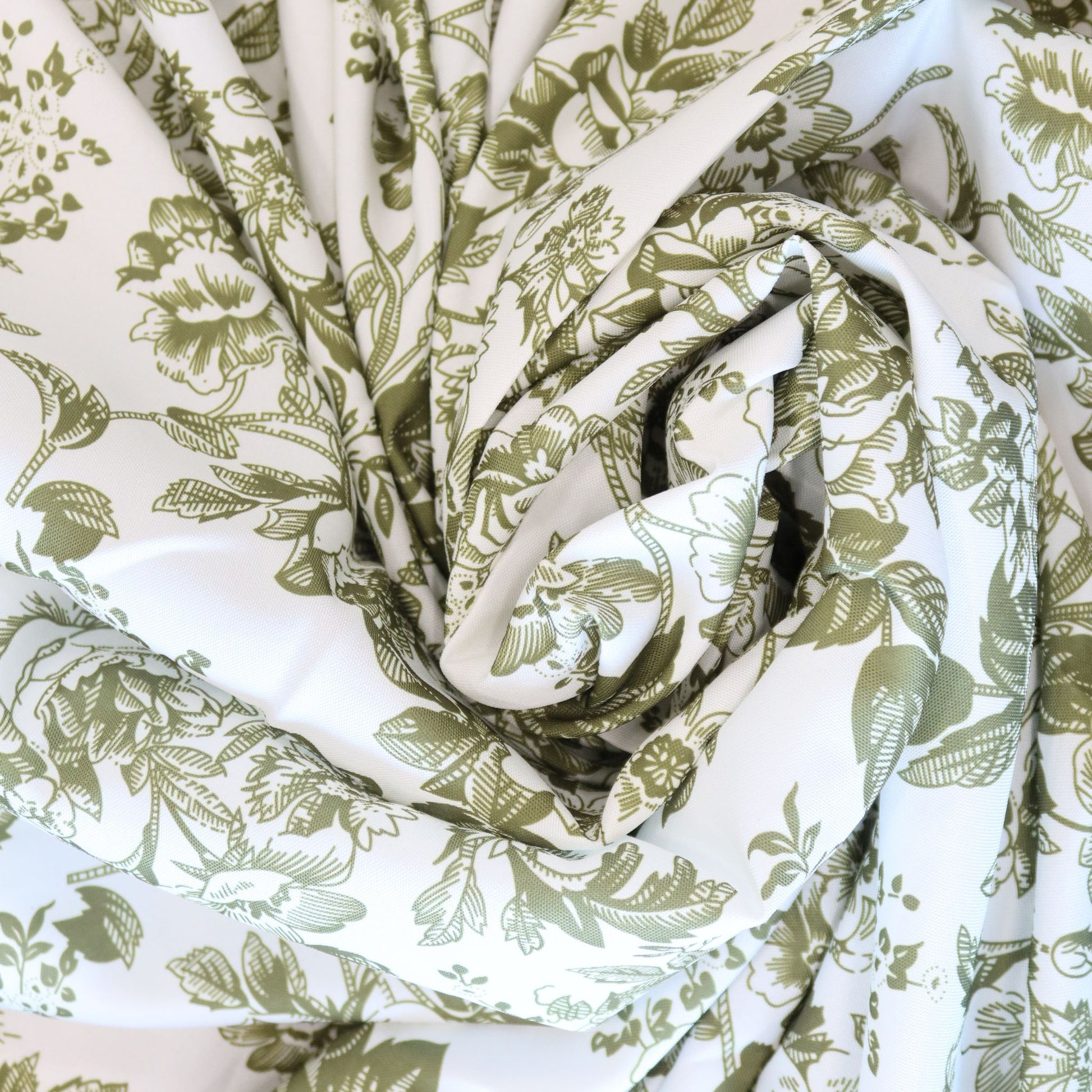 French Toile Olive Green fabric close up