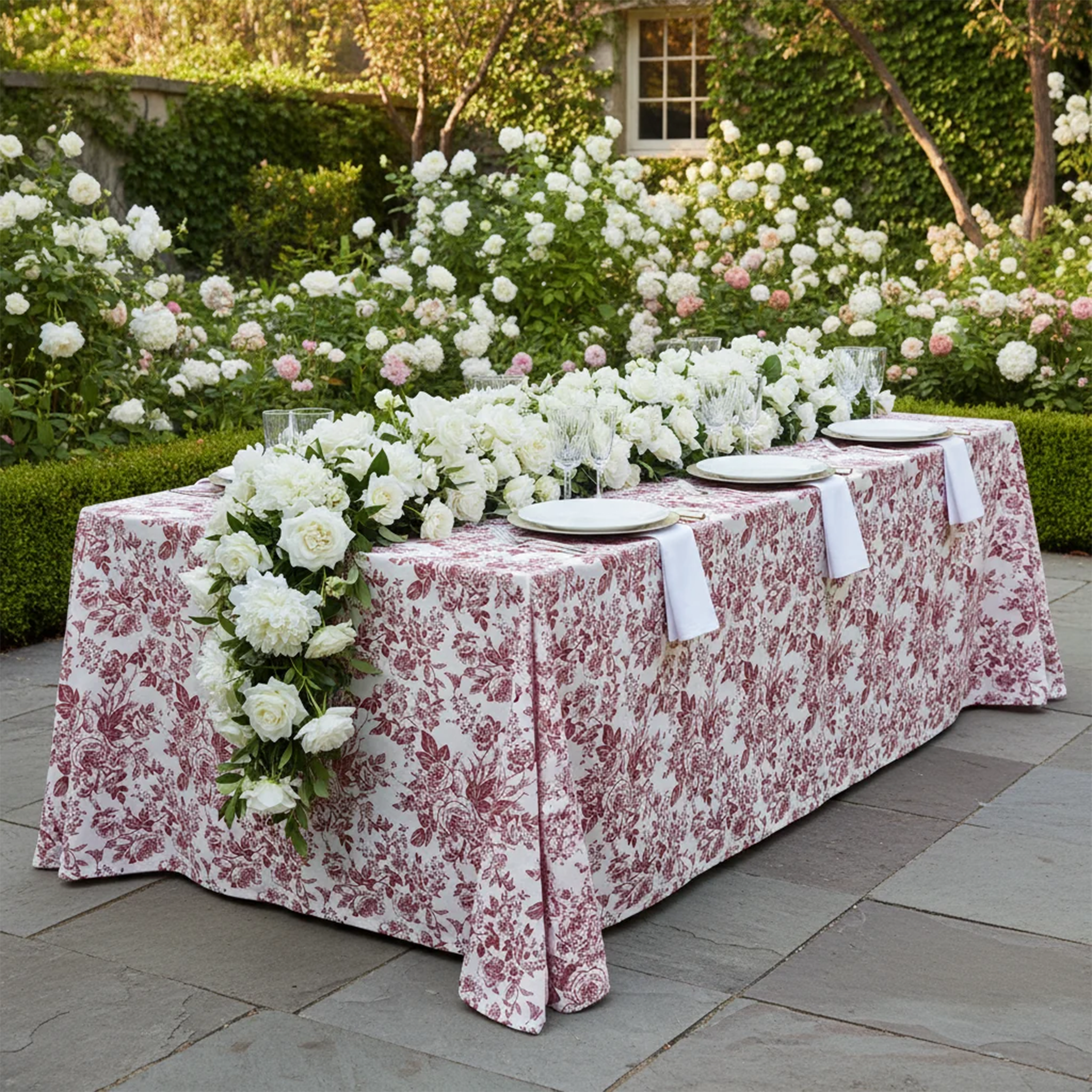 French Toile Rectangular Tablecloth Burgundy - Reception Outdoor