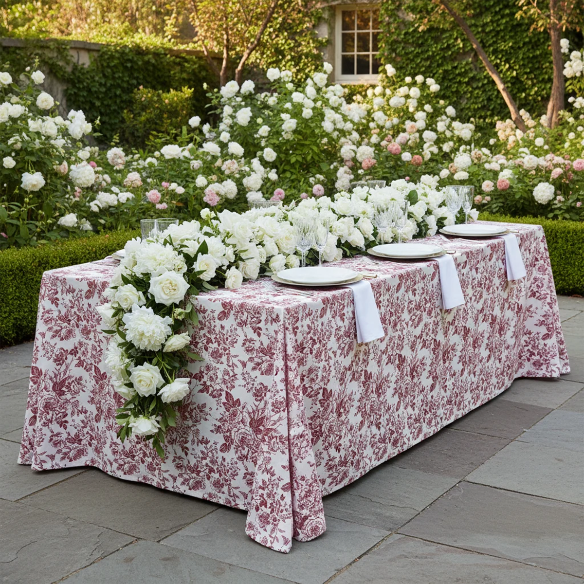 French Toile Rectangular Tablecloth Burgundy - Reception Outdoor