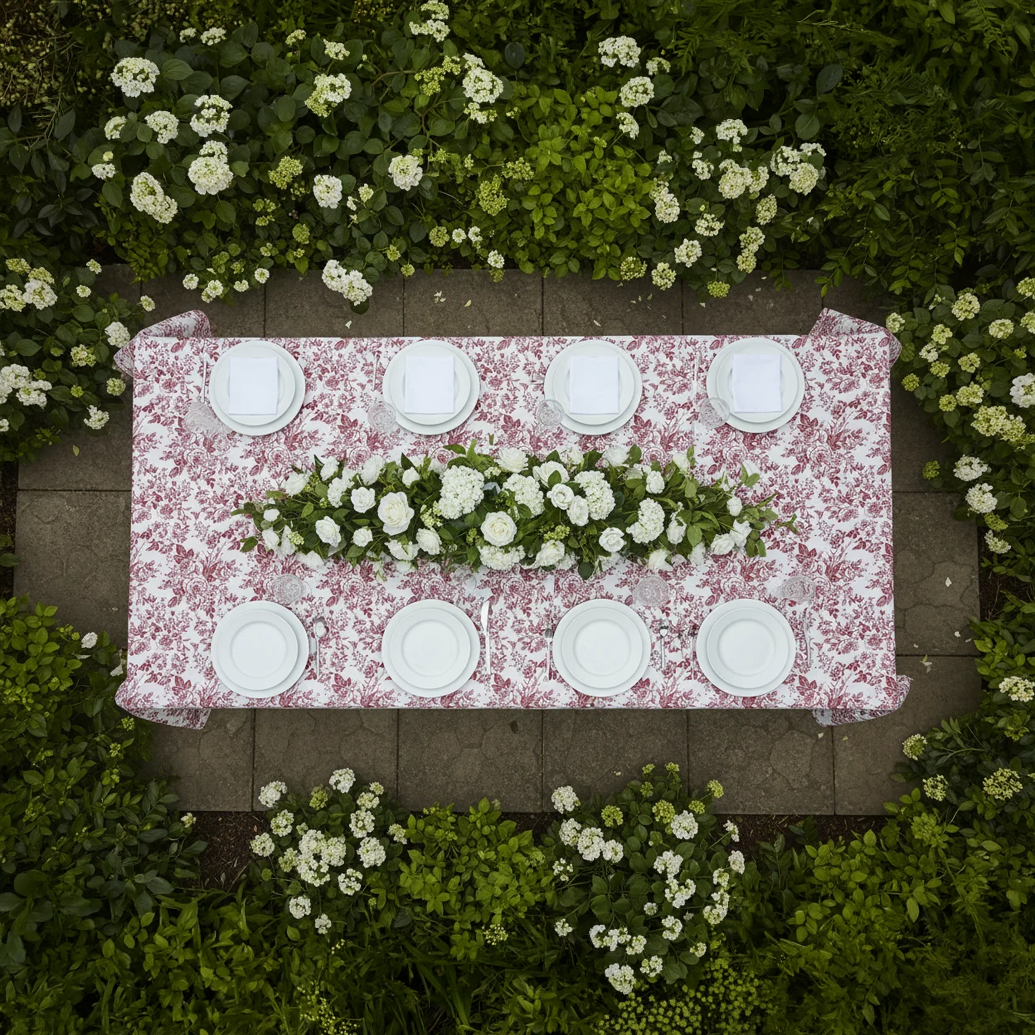 French Toile Rectangular Tablecloth Burgundy birdseye view