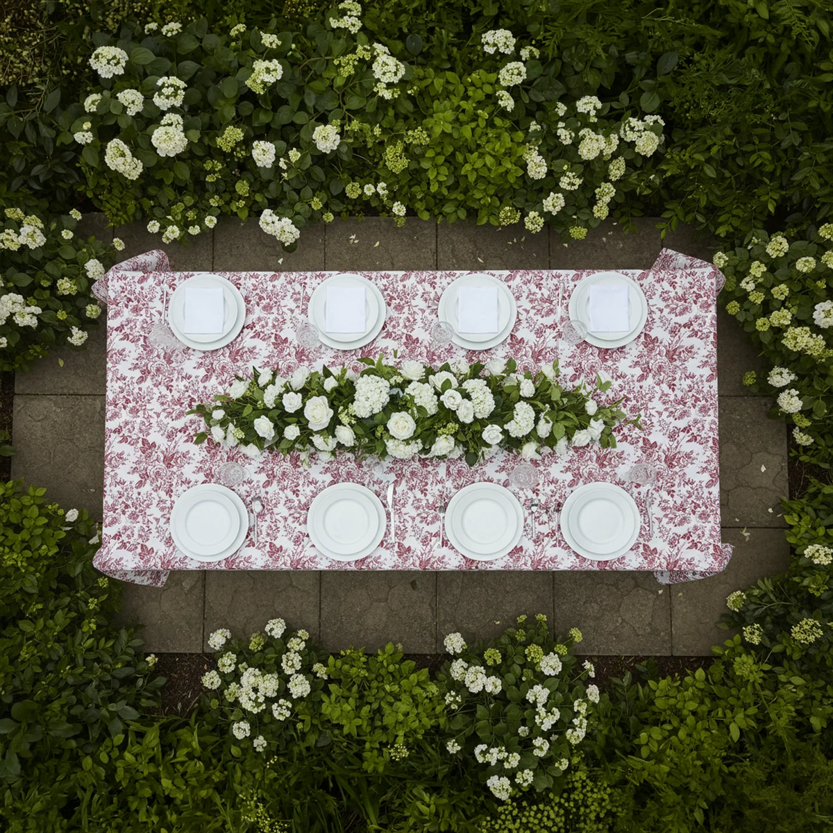 French Toile Rectangular Tablecloth Burgundy birdseye view