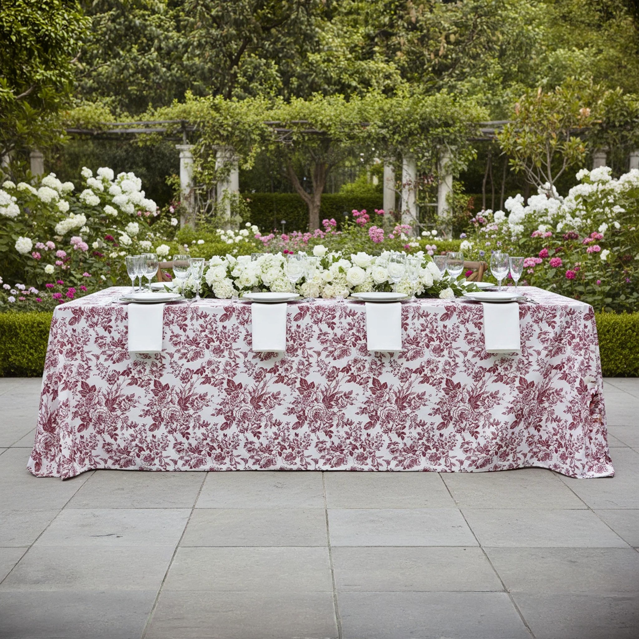 French Toile Rectangular Tablecloth Burgundy - Garden Party