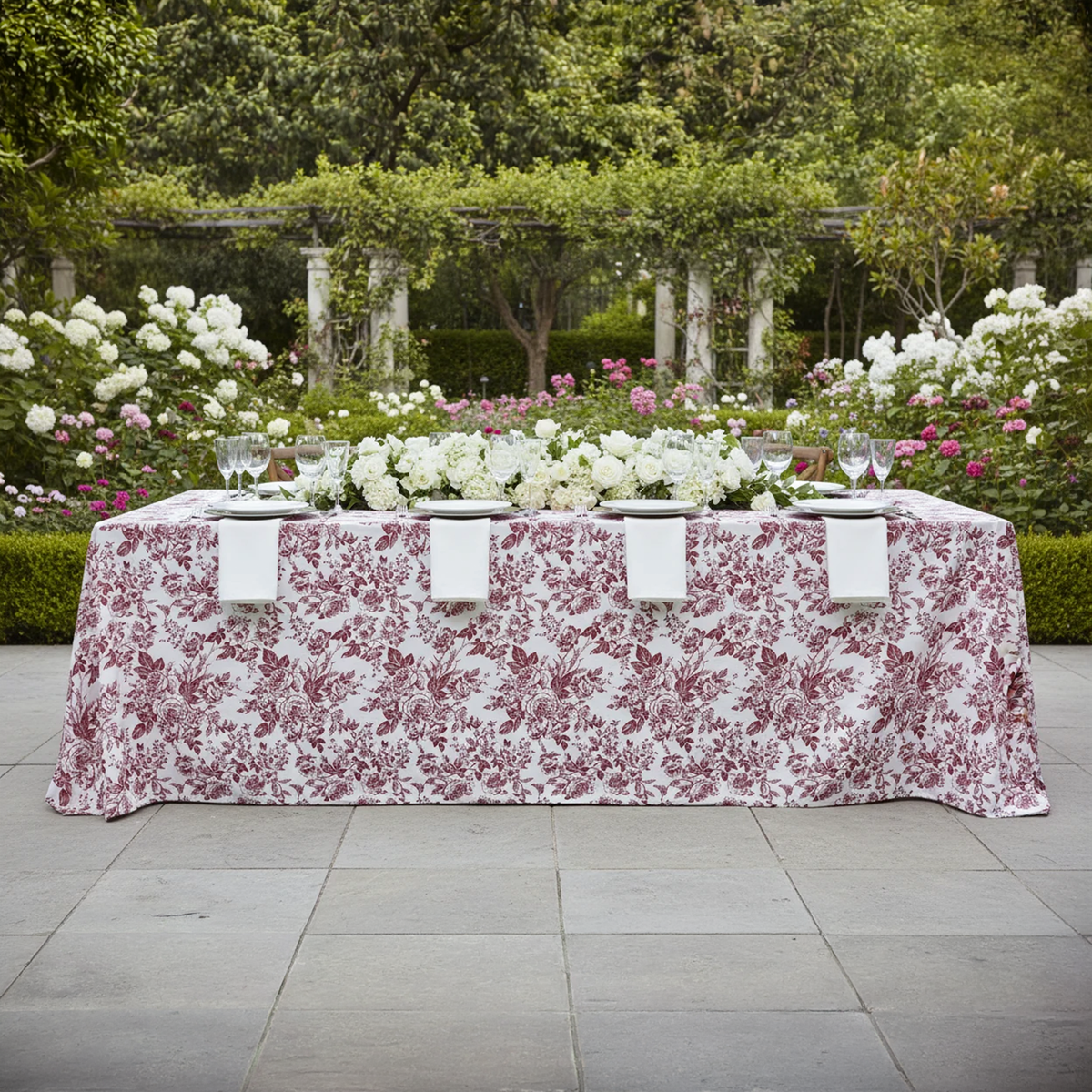 French Toile Rectangular Tablecloth Burgundy - Garden Party