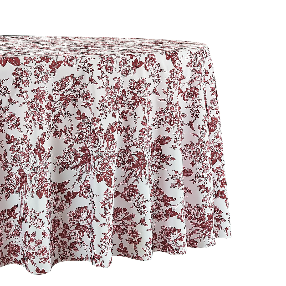 French Toile Round Tablecloth Burgundy close up