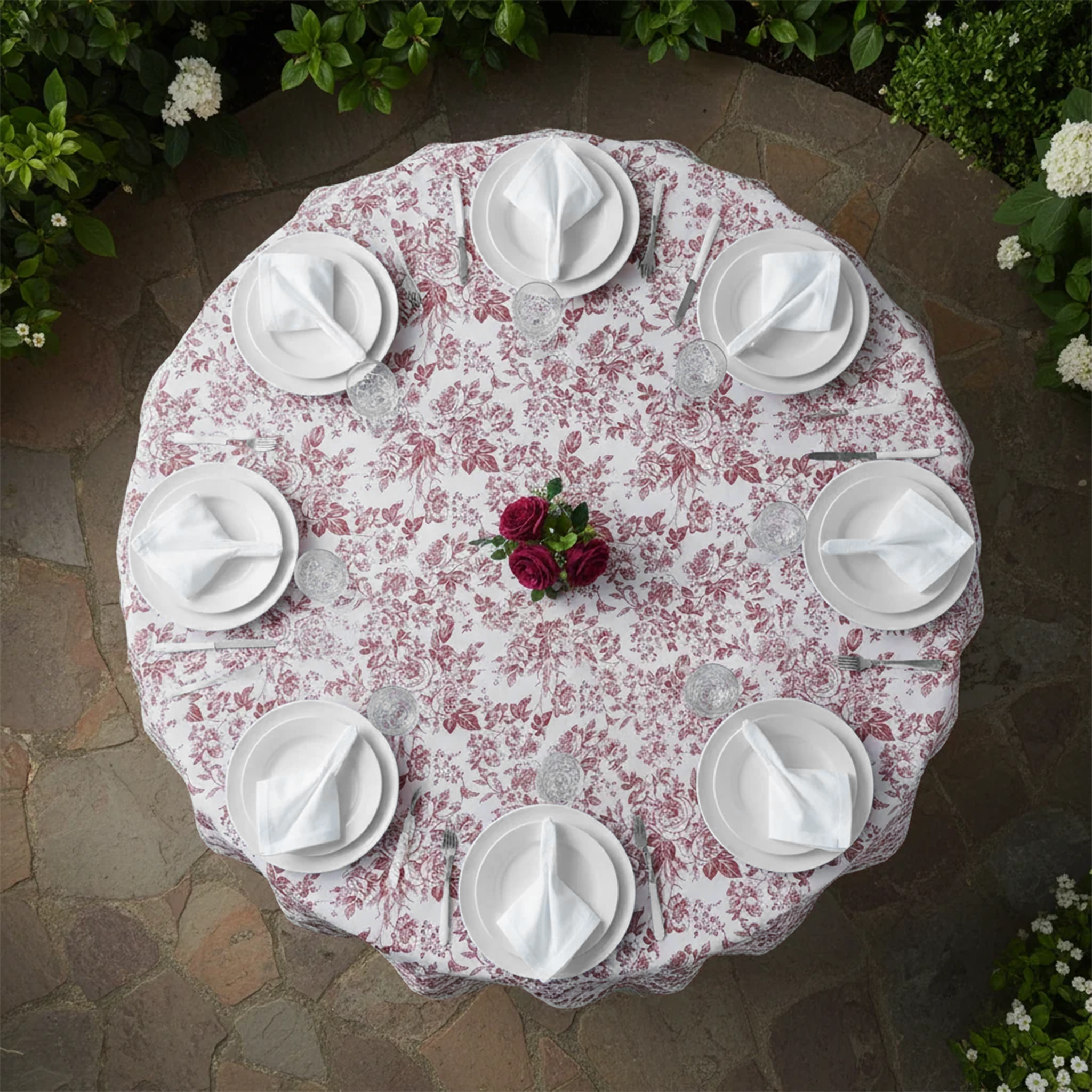 French Toile Round Tablecloth Burgundy birdseye view