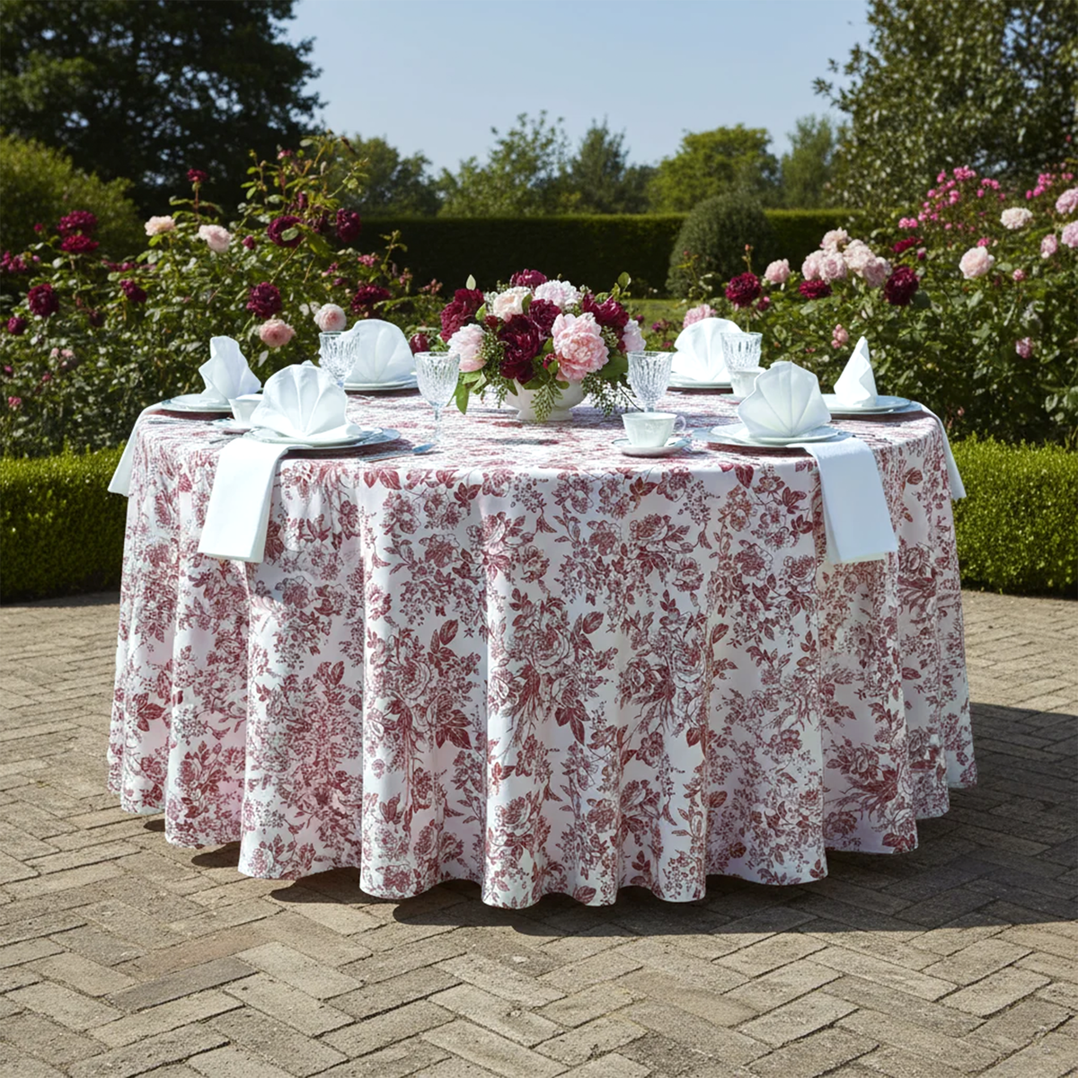 French Toile Round Tablecloth Burgundy - Outdoor 