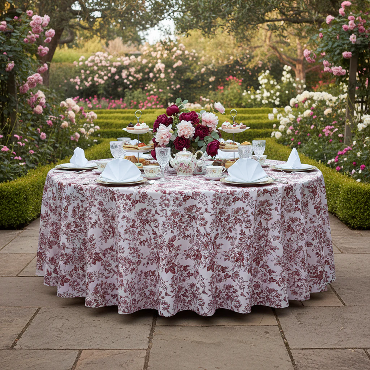 French Toile Round Tablecloth Burgundy - Garden 