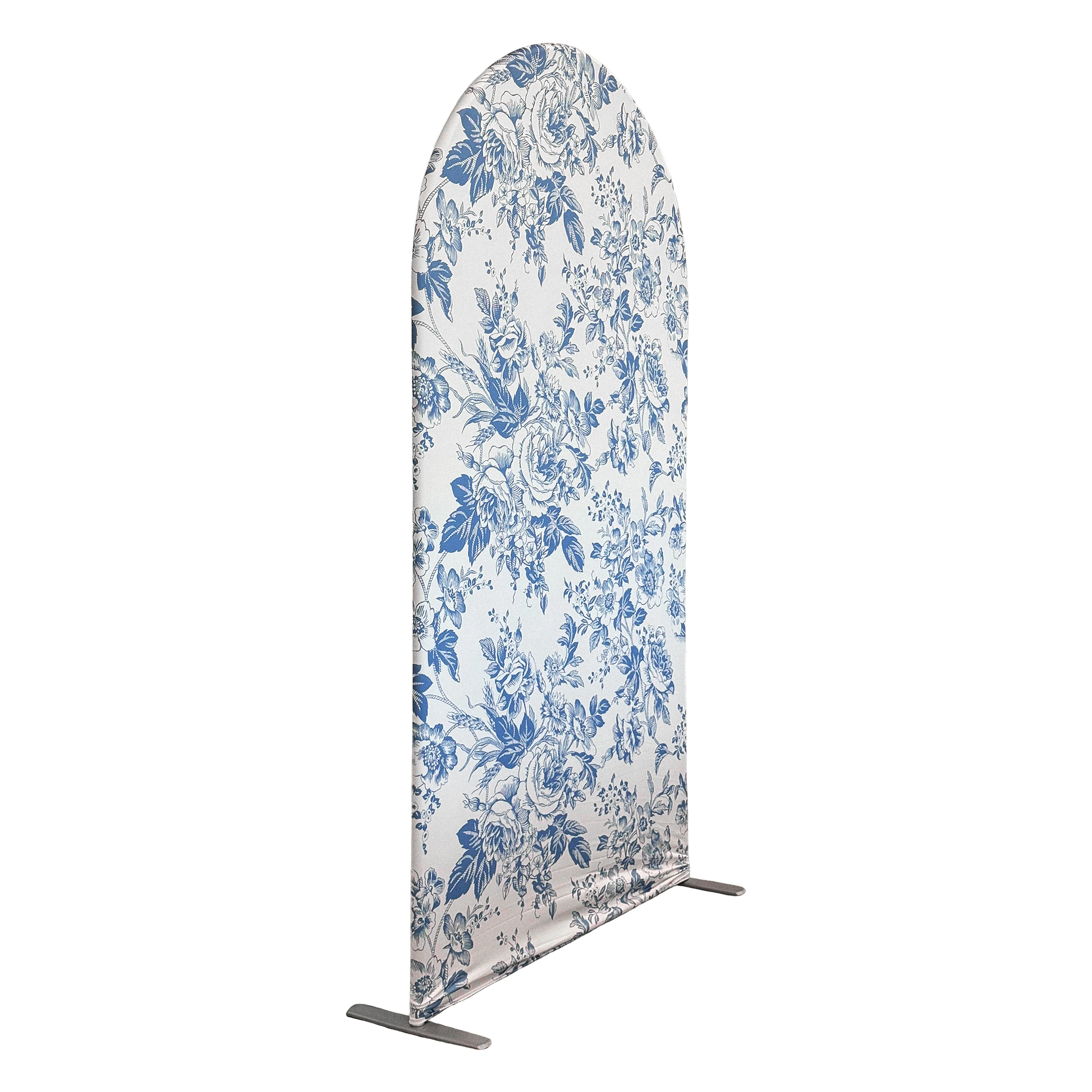 French Toile Spandex Cover for Large Trio Arch Blue angled view