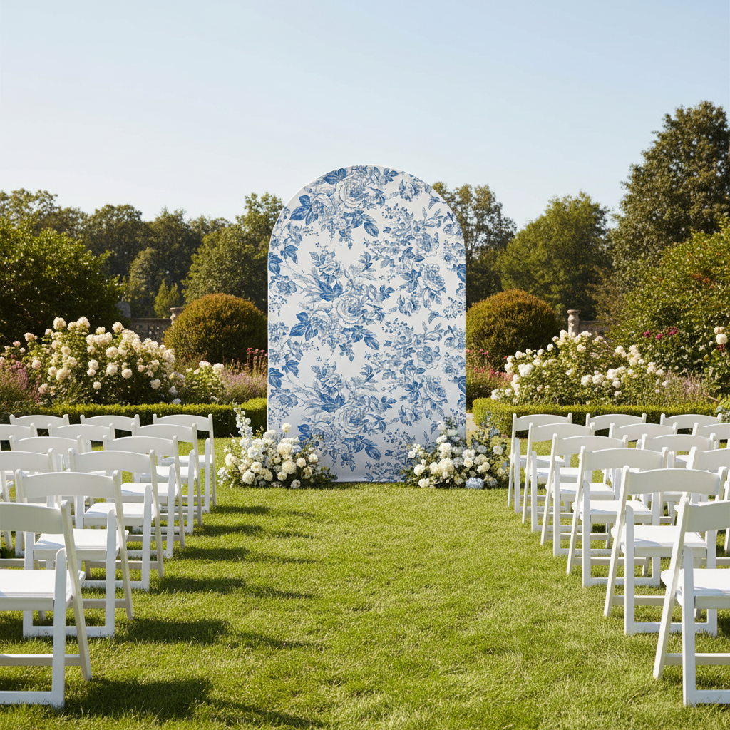 French Toile Spandex Cover for Large Trio Arch Blue Outdoor Wedding Backdrop