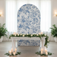 French Toile Spandex Cover for Large Trio Arch Blue behind a Sweetheart Table