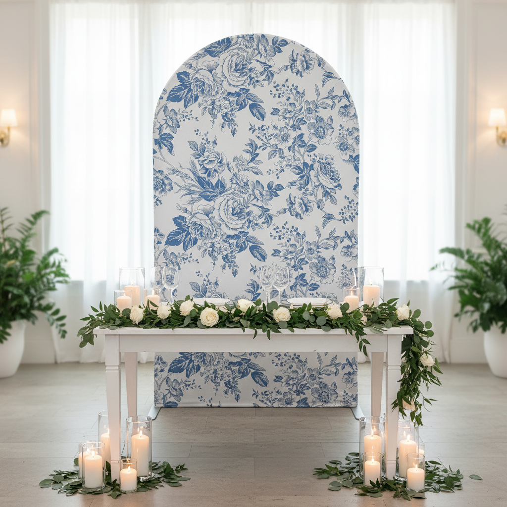 French Toile Spandex Cover for Large Trio Arch Blue behind a Sweetheart Table