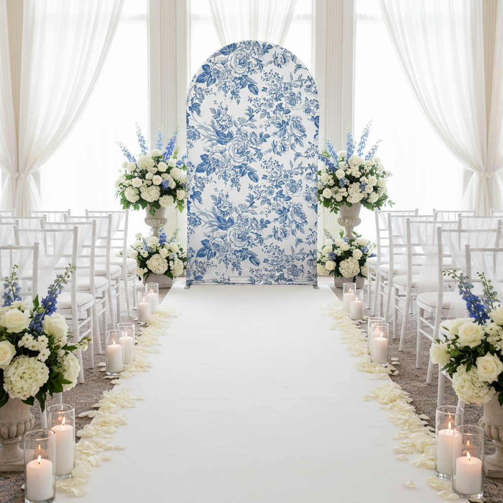 French Toile Spandex Cover for Large Trio Arch Blue Wedding Backdrop