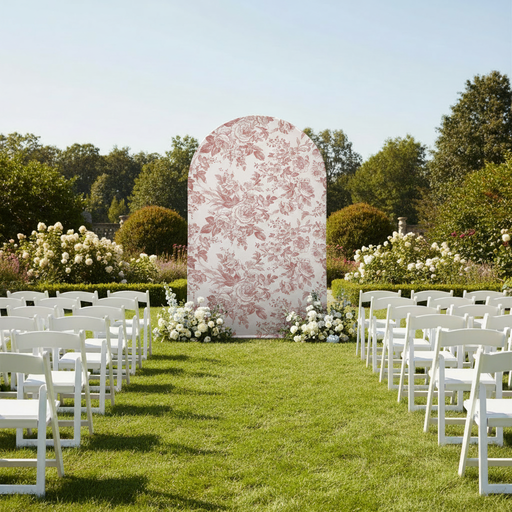 French Toile Spandex Cover for Large Trio Arch Dusty Rose/Mauve Outdoor Wedding Backdrop
