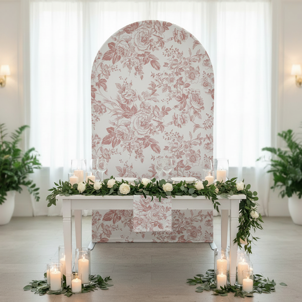 French Toile Spandex Cover for Large Trio Arch Dusty Rose/Mauve behind a Sweetheart Table