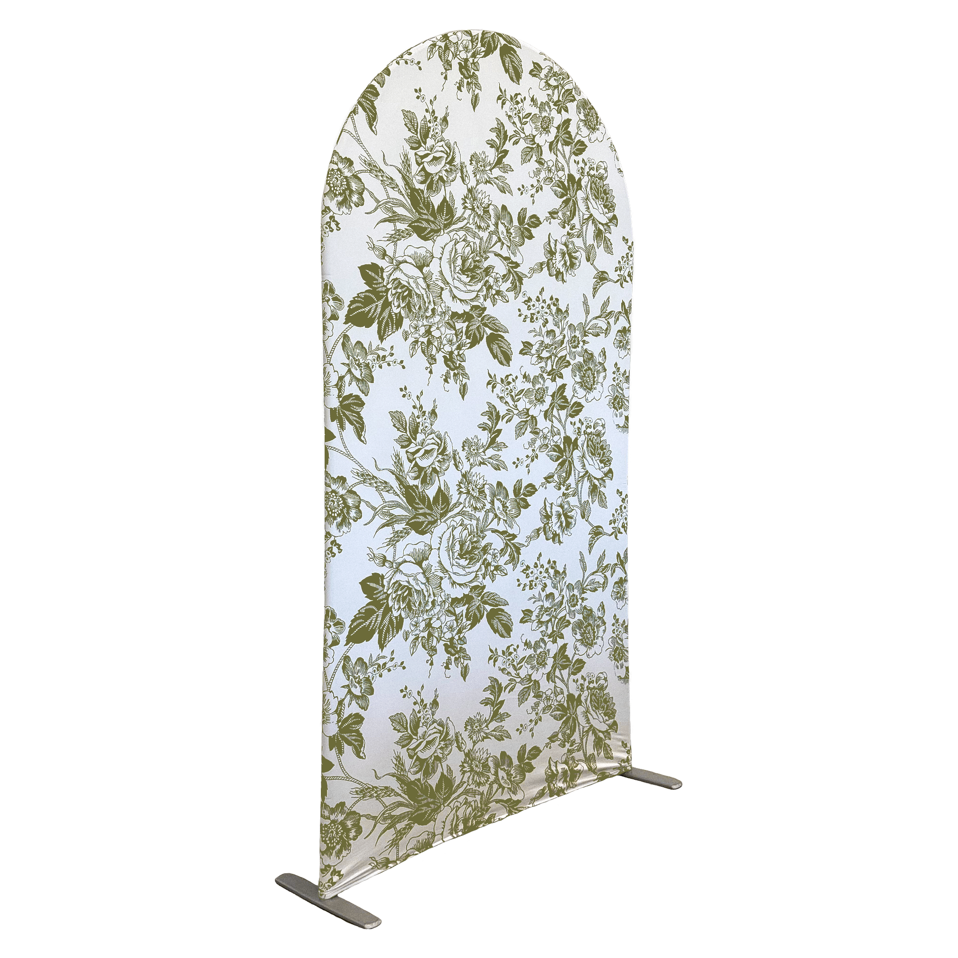French Toile Spandex Cover for Large Trio Arch Olive Green angled view