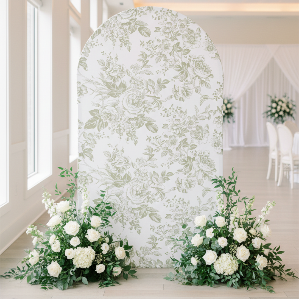 French Toile Spandex Cover for Large Toile Arch Sage Green - Indoor Wedding Backdrop