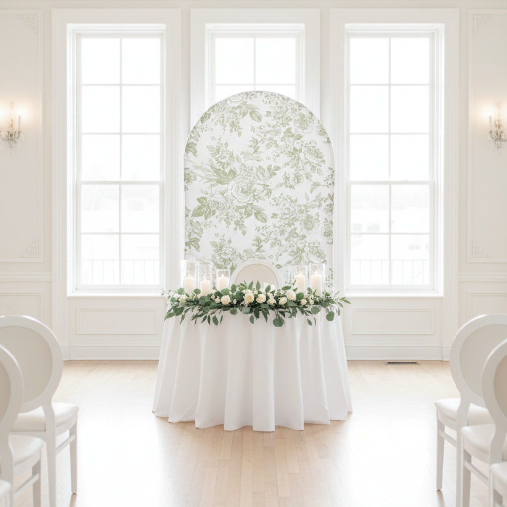 French Toile Spandex Cover for Large Toile Arch Sage Green - Sweetheart Table