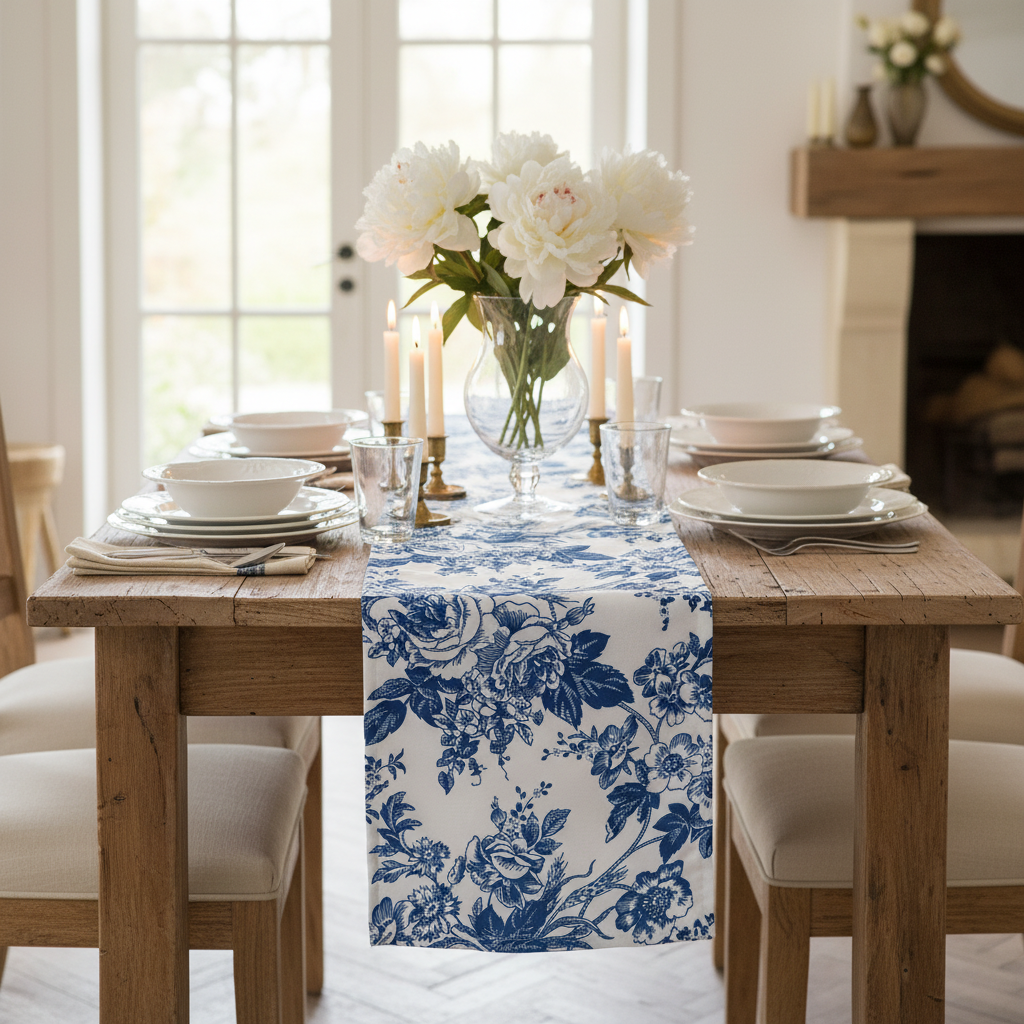 French Toile Table Runner Blue -CV Linens