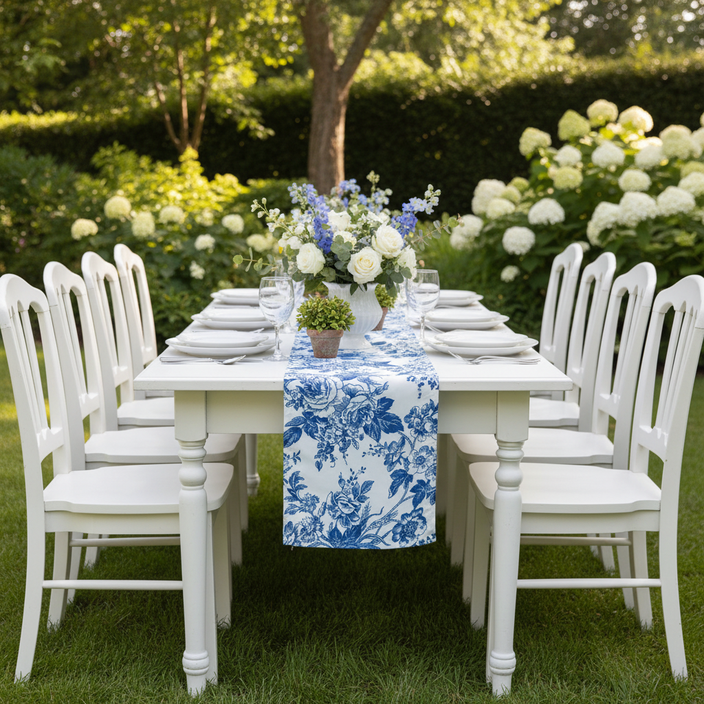 French Toile Table Runner Blue - Outdoor Garden