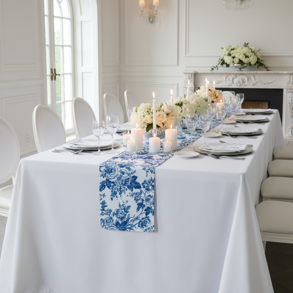 Blue French Toile Table Runner Size: 12-13 X 108 in | Polyester | Wedding | Event