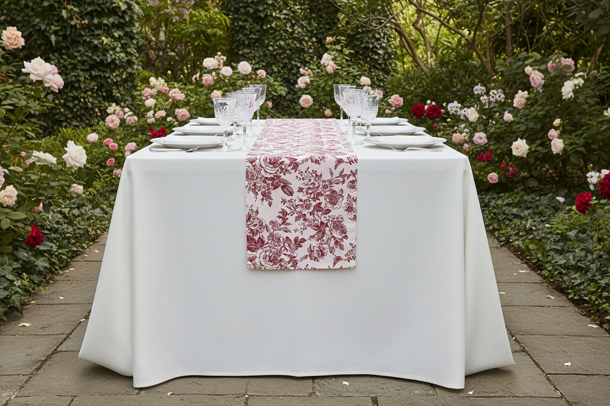 French Toile Table Runner - Burgundy Garden View