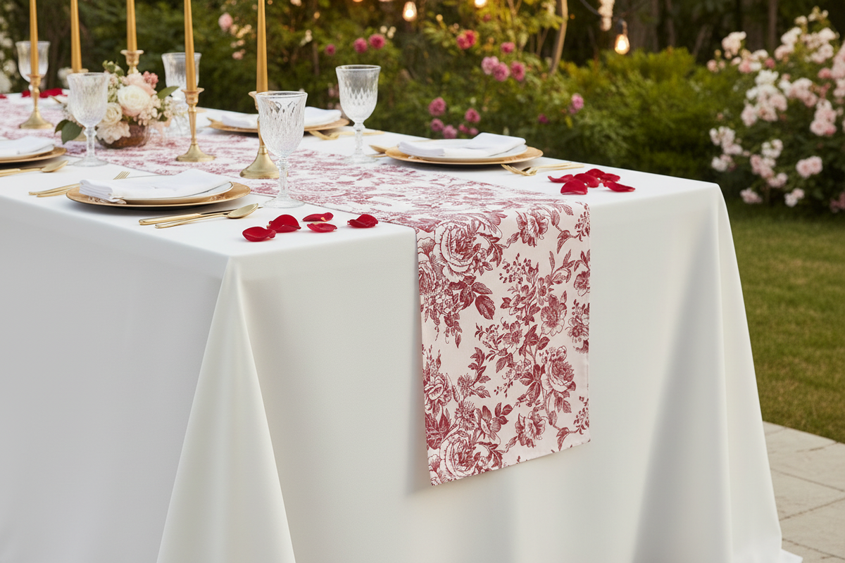 French Toile Table Runner - Burgundy Close Up View
