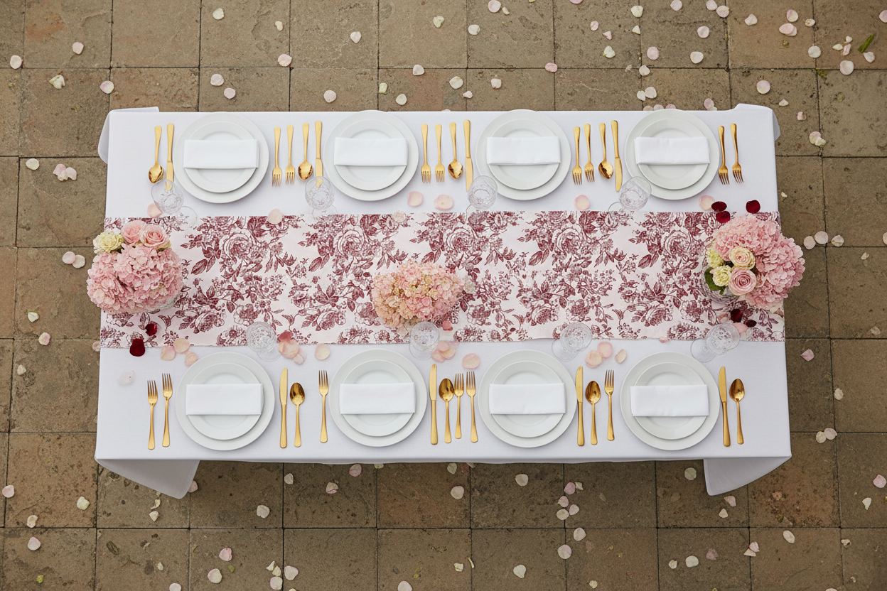 French Toile Table Runner - Burgundy Top View