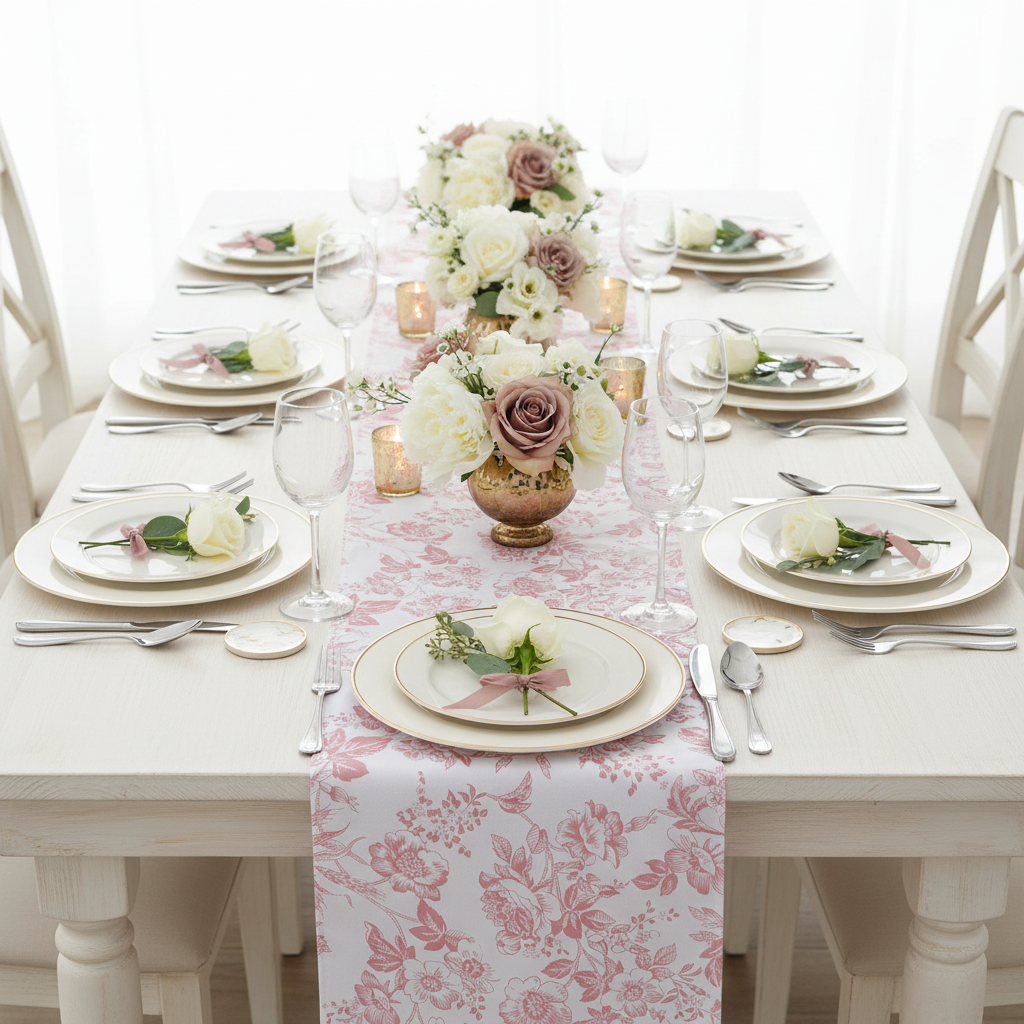 Bird's eye view wedding table mockup with French Toile Table Runner Dusty Rose/Mauve
