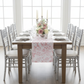 Wedding table mockup with French Toile Table Runner Dusty Rose/Mauve, silver chairs, candelabra centerpiece and white charger plates