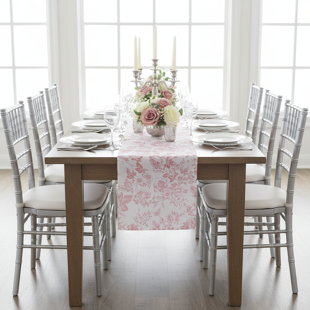 Wedding table mockup with French Toile Table Runner Dusty Rose/Mauve, silver chairs, candelabra centerpiece and white charger plates