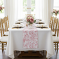 Wedding table mockup with French Toile table runner Dusty Rose/Mauve, wine glasses, votive candles, gold chargers and gold chairs